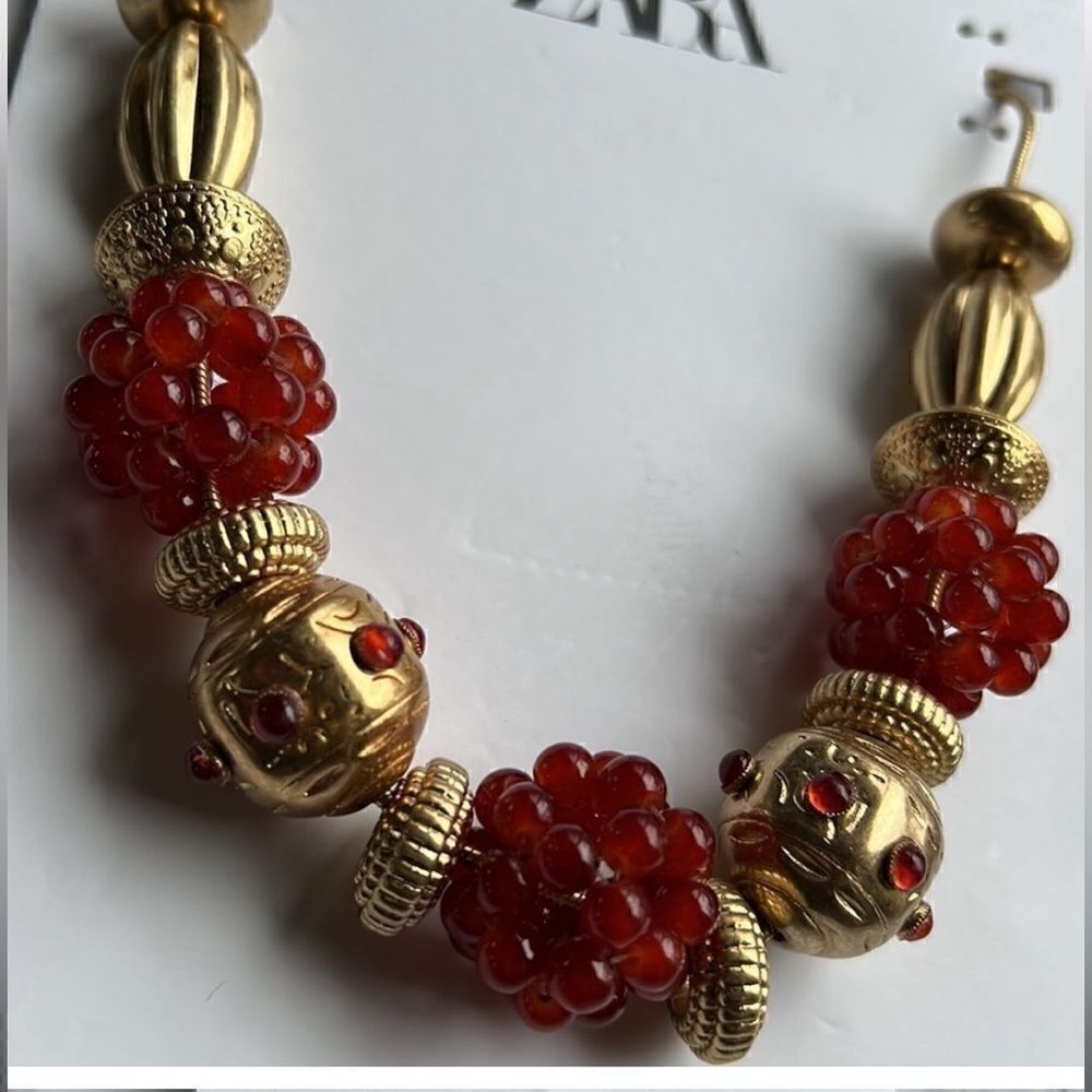Zara Statement Red & Gold Beaded Necklace - Picture 8 of 12
